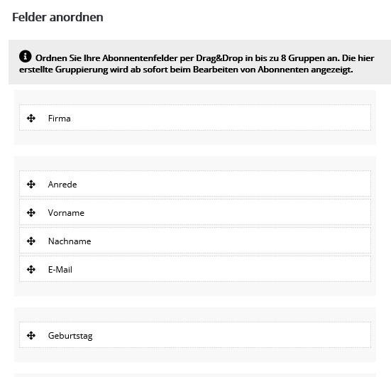 Abonnentenfelder anordnen in EOS Newslettertool